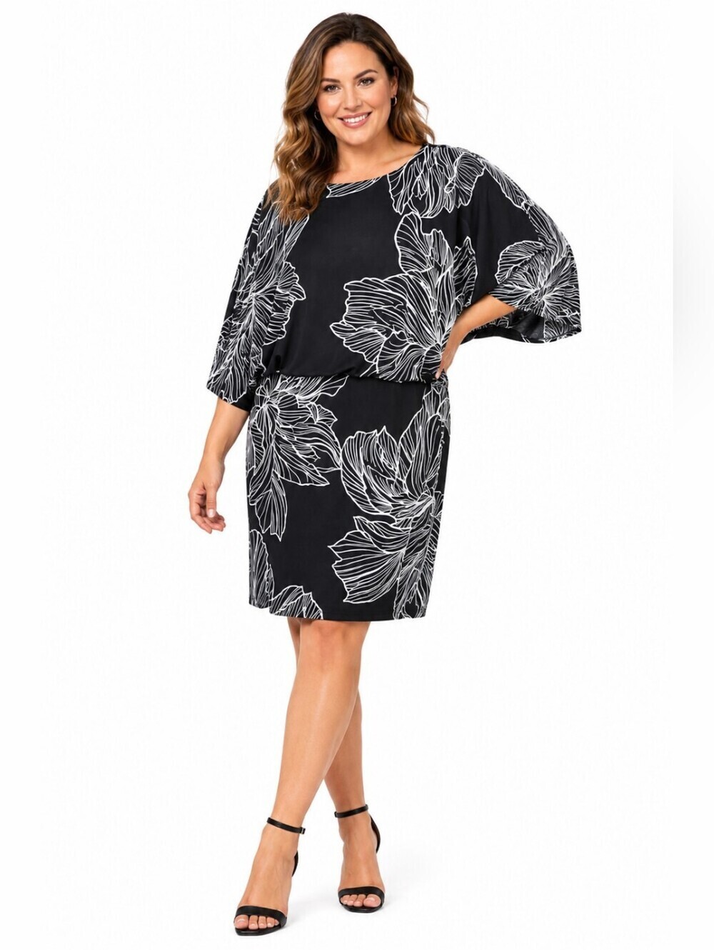 MiXT by Heidi Weisel Black White Floral Blouson Dress 18W Plus Size